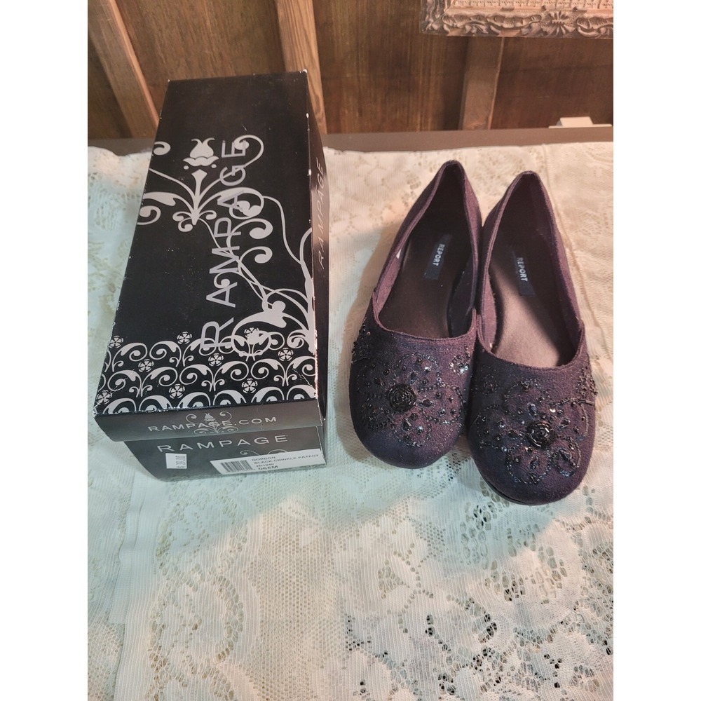 Rampage Black Crinkle Patent Gordon  Sequin and Bead Flat Shoes 6.5M